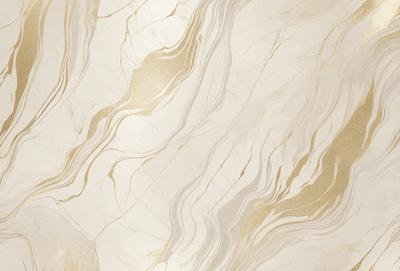 The primary subject of the image is a marble wall with a gold and white color scheme. The setting is a room with a white marble floor. The visual style is a close-up of the marble wall, showcasing its intricate patterns and textures. The colors and mood of the image are elegant and sophisticated, with the gold and white tones creating a luxurious and refined atmosphere.
