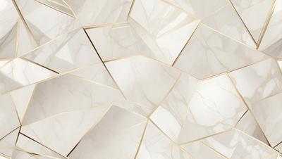 The primary subject of the image is a marble tile wall with a gold trim. The setting is a room with a white marble tile floor. The visual style is a close-up of the marble tile wall, showcasing the intricate design and texture. The colors and mood of the image are predominantly white and gold, giving the space a luxurious and elegant appearance.