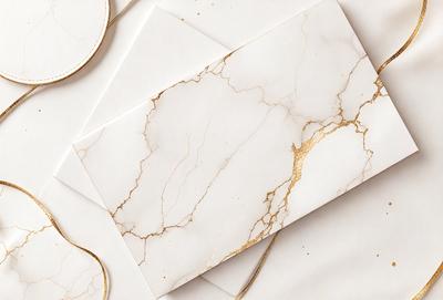The primary subject of the image is a set of three envelopes with gold foil designs on them. The envelopes are placed on a table, and the setting appears to be a room with a marble surface. The visual style of the image is a combination of photo and digital art, creating a unique and elegant appearance. The colors and mood of the image are predominantly white and gold, giving it a sophisticated and luxurious feel.