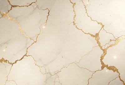The primary subject of the image is a marble wall with a gold-colored pattern. The setting is a room with a white marble surface, and the visual style is a close-up of the marble wall. The colors and mood of the image are predominantly white and gold, creating a luxurious and elegant atmosphere.