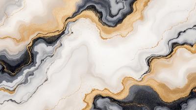 The primary subject of the image is a marble-like pattern, which is a combination of black, white, and gold colors. The setting is a white background, which provides a clean and minimalist appearance. The visual style is a mix of digital art and illustration, creating a unique and artistic representation of the marble pattern. The colors and mood of the image are elegant and sophisticated, with the black and white elements adding a sense of contrast and depth to the overall composition.