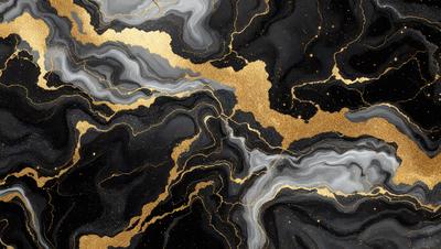 The primary subject of the image is a black and gold marble-like surface. The setting is a dark background, which contrasts with the gold and black marble. The visual style is a combination of digital art and illustration, creating a unique and intricate pattern. The colors and mood of the image are predominantly dark, with the gold and black marble adding a touch of luxury and sophistication.