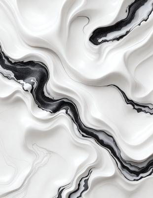 The primary subject of the image is a white marble-like surface with black accents. The setting is a white and black marble-like pattern, which creates a visually striking and elegant appearance. The visual style of the image is a combination of photo and digital art, giving it a unique and artistic touch. The colors and mood of the image are predominantly white and black, with the black accents adding depth and contrast to the overall design.