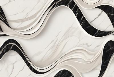 The primary subject of the image is a marble wall with a black and white pattern. The setting is a room with a white background. The visual style is a combination of a photo and digital art, creating a unique and intricate design. The colors and mood of the image are predominantly black and white, giving it a sophisticated and elegant appearance.