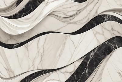 The primary subject of the image is a marble wall with a pattern of swirls and waves. The setting is a black and white photo, which gives the image a classic and elegant appearance. The visual style is a combination of artistic and natural elements, creating a unique and captivating design. The colors and mood of the image are predominantly black and white, with the marble pattern adding a touch of sophistication and timelessness.