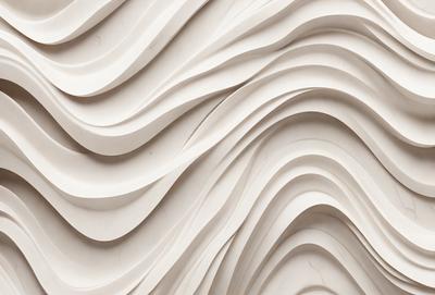 The primary subject of the image is a large, white, curved wall with a wavy texture. The setting is a room with a white background, and the visual style appears to be a combination of a photo and digital art. The dominant colors are white and gray, creating a clean and modern atmosphere.