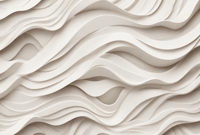 The primary subject of the image is a large, white, curved wall with a wave-like pattern. The setting is a room with a white background, and the visual style appears to be a combination of digital art and illustration. The dominant colors are white and gray, creating a clean and modern atmosphere.