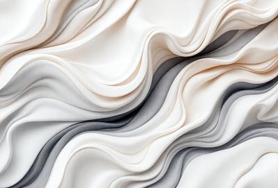 The primary subject of the image is a large, swirling mass of fabric, which appears to be a mix of gray, white, and beige colors. The setting is a white background, which provides a clean and minimalist appearance. The visual style is a combination of digital art and illustration, creating a dynamic and textured effect. The colors and mood of the image are predominantly neutral, with a touch of warmth from the beige tones.