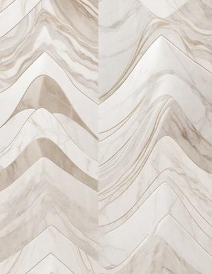 The primary subject of the image is a marble wall with a pattern of waves. The setting is a room with a white marble wall, and the visual style is a close-up of the marble wall. The colors and mood of the image are predominantly white, giving it a clean and elegant appearance.