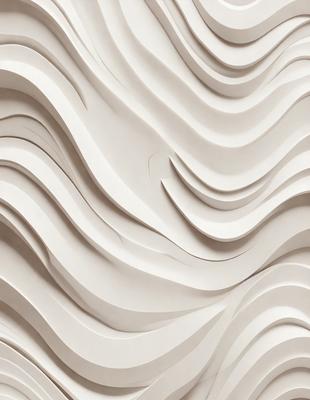 The primary subject of the image is a large, white, curved wall with a wave-like pattern. The setting is a room with a white background, and the visual style appears to be a combination of digital art and illustration. The dominant colors are white and gray, creating a clean and modern atmosphere.