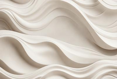 The primary subject of the image is a large, white, curved wall with a wave-like pattern. The setting is a white room, and the visual style appears to be a combination of digital art and illustration. The dominant colors are white and gray, creating a clean and minimalist atmosphere.