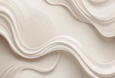 The primary subject of the image is a large, white, curved wall with a patterned texture. The setting is a room with a white background, and the visual style appears to be a combination of digital art and illustration. The dominant colors are white and gray, creating a clean and minimalist atmosphere.