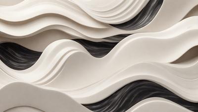 The primary subject of the image is a series of three white, curved, and wavy sculptures. The sculptures are placed on a surface that appears to be a combination of white and black. The setting is an artistic display, possibly in a gallery or a public space. The visual style of the image is a blend of photo and digital art, creating a unique and captivating presentation. The colors and mood of the image are predominantly white and black, giving it a modern and minimalist appearance.