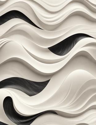 The primary subject of the image is a white, textured wall with a pattern of waves. The setting is a room with a black background, which contrasts with the white wall. The visual style is a combination of digital art and illustration, creating a unique and artistic appearance. The dominant colors are white and black, giving the wall a clean and modern look. The overall atmosphere is one of creativity and sophistication.