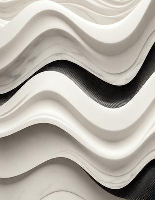 The primary subject of the image is a large, white, marble-like wall with a wavy pattern. The setting is a room with a black background, which contrasts with the white marble wall. The visual style is a combination of a photo and digital art, creating a unique and intricate design. The colors and mood of the image are predominantly white, giving it a clean and elegant appearance.