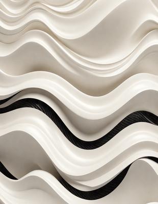 The primary subject of the image is a white, wavy wall with a patterned design. The setting is a room with a black background, which contrasts with the white wall. The visual style is a combination of digital art and illustration, creating a unique and eye-catching design. The colors and mood of the image are predominantly white, giving it a clean and modern appearance.