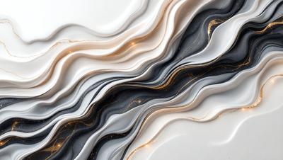 The primary subject of the image is a white and black marble wall with gold accents. The setting is a room with a white background. The visual style is a combination of photo and digital art, creating a unique and intricate pattern. The dominant colors are white, black, and gold, giving the wall a luxurious and elegant appearance.
