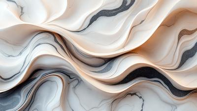The primary subject of the image is a marble countertop with a patterned design. The setting is a kitchen, and the visual style is a combination of photo and digital art. The countertop features a mix of black and white colors, giving it a modern and elegant appearance. The overall atmosphere of the image is sophisticated and stylish.