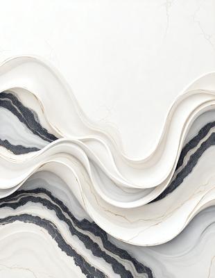 The primary subject of the image is a white marble wall with a wave-like pattern. The setting is a room with a white background, and the visual style appears to be a combination of a photo and digital art. The colors and mood of the image are predominantly white, giving it a clean and elegant appearance.