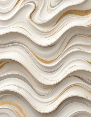 The primary subject of the image is a white marble wall with a gold-colored pattern. The setting is a room with a white marble wall as the main focus. The visual style is a combination of a photo and digital art, creating a unique and intricate design. The dominant colors are white and gold, giving the wall a luxurious and elegant appearance.