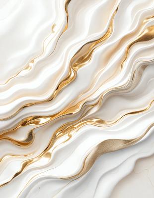 The primary subject of the image is a gold and white marble wall. The setting is a room with a white background. The visual style is a close-up of the marble wall, showcasing its intricate patterns and textures. The dominant colors are gold and white, creating a luxurious and elegant atmosphere.