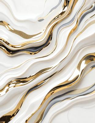 The primary subject of the image is a white and gold wallpaper with a pattern of gold and white stripes. The setting is a white wall, and the visual style is a close-up of the wallpaper. The colors and mood of the image are predominantly white and gold, creating a luxurious and elegant atmosphere.