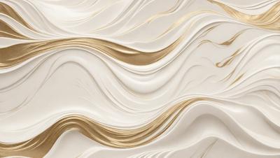 The primary subject of the image is a white and gold wallpaper with a wave pattern. The setting is a room with a white background. The visual style is a combination of digital art and illustration, creating a unique and eye-catching design. The dominant colors are white and gold, giving the wallpaper a luxurious and elegant appearance.