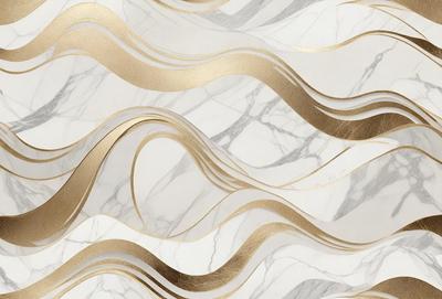 The primary subject of the image is a marble wall with a gold design. The setting is a room with a white marble surface. The visual style is a combination of a photo and digital art, creating a unique and intricate pattern. The dominant colors are gold and white, giving the wall a luxurious and elegant appearance.