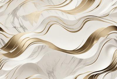 The primary subject of the image is a marble wall with a gold pattern. The setting is a room with a white background. The visual style is a combination of a photo and digital art, creating a unique and intricate design. The dominant colors are gold and white, giving the wall a luxurious and elegant appearance.