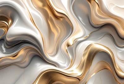 The primary subject of the image is a close-up of a gold and white marble pattern. The setting is a white and gold marble surface, which serves as the background. The visual style is a combination of digital art and illustration, creating a unique and intricate design. The dominant colors are gold and white, giving the image a luxurious and elegant appearance.