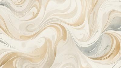 The primary subject of the image is a white and gold painting of a wave. The setting is a white wall, and the visual style appears to be a combination of digital art and illustration. The dominant colors in the painting are white and gold, creating a serene and calming atmosphere.