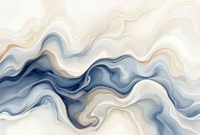 The primary subject of the image is a blue and white painting of a wave. The setting is a white background, and the visual style appears to be a digital art or illustration. The dominant colors are blue and white, creating a calm and serene atmosphere.