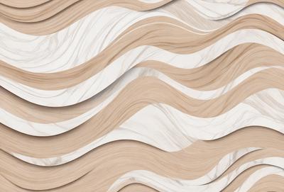 The primary subject of the image is a marble wall with a wave pattern. The setting is a room with a marble wall, and the visual style is a photo. The dominant colors are white and brown, creating a clean and natural atmosphere.