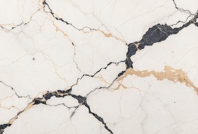 The primary subject of the image is a marble countertop with a gold and black pattern. The setting is a kitchen, and the visual style is a close-up of the marble countertop. The colors and mood of the image are predominantly black and gold, giving it a luxurious and elegant appearance.
