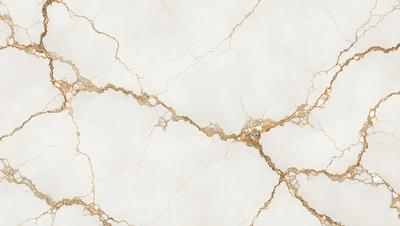 The primary subject of the image is a white marble wall with gold veins. The setting is a room with a white marble floor. The visual style is a close-up of the marble wall, showcasing its unique texture and design. The colors and mood of the image are predominantly white and gold, creating a sense of elegance and sophistication.