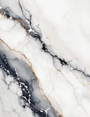 The primary subject of the image is a marble countertop with a cracked pattern. The setting is a kitchen, and the visual style is a photo. The countertop has a mix of black and white colors, giving it a classic and elegant appearance.