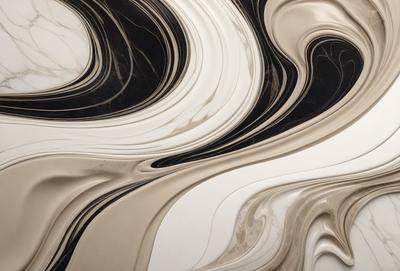 The primary subject of the image is a marble countertop with a unique and intricate design. The countertop features a pattern of swirls and waves, giving it a distinctive and elegant appearance. The setting is a kitchen or bathroom, as the countertop is placed in a room with a sink and a bathtub. The visual style of the image is a combination of photo and digital art, as it captures the beauty of the marble countertop and its design. The colors and mood of the image are predomin