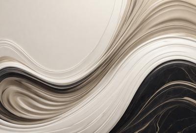 The primary subject of the image is a large, curved, and swirling piece of artwork, possibly a sculpture or a painting. The artwork is displayed on a wall, and it appears to be a combination of white and gray tones. The setting is an indoor space, and the visual style suggests that it is a digital art or illustration. The colors and mood of the artwork convey a sense of fluidity and movement, creating an engaging and dynamic visual experience.