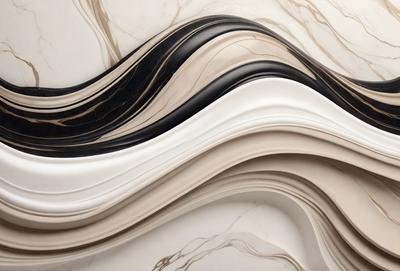 The primary subject of the image is a marble countertop with a wave-like pattern. The setting is a kitchen, and the visual style is a combination of photo and digital art. The countertop has a black and white color scheme, giving it a classic and elegant appearance. The overall atmosphere is sophisticated and timeless.