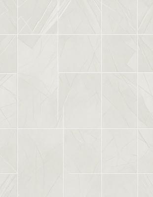 The primary subject of the image is a white tile wall. The setting is a bathroom, as indicated by the white tiles. The visual style is a close-up of the tiles, showcasing their texture and pattern. The dominant colors are white and gray, creating a clean and minimalist atmosphere.