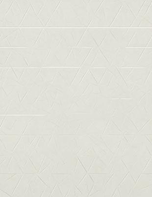 The primary subject of the image is a white wall with a pattern of triangles. The setting is a room with a white tile wall, and the visual style is a patterned wallpaper. The dominant colors are white and grey, creating a clean and minimalist atmosphere.