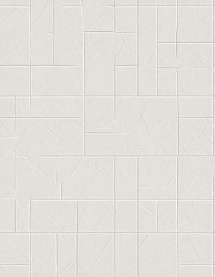 The primary subject of the image is a white tile wall with a pattern of squares. The setting is a room with a white tile floor. The visual style is a close-up of the wall, showcasing the pattern and texture of the tiles. The colors and mood of the image are predominantly white, giving it a clean and minimalist appearance.