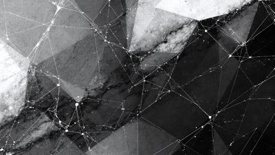 The primary subject of the image is a black and white photo of a rocky surface with a network of lines and shapes. The setting is a dark background, and the visual style is a combination of a photo and digital art. The dominant colors are black and white, and the overall atmosphere is mysterious and intriguing.