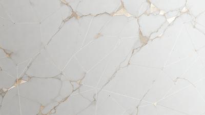 The primary subject of the image is a marble tile with a gold-colored border. The setting is a white wall, and the visual style is a close-up of the marble tile. The colors and mood of the image are predominantly white and gold, giving it a luxurious and elegant appearance.