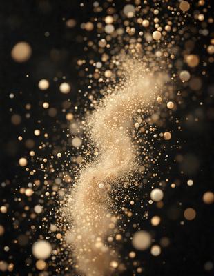 The primary subject of the image is a close-up of a dusty, powdery substance, possibly a fine sand or flour, with a golden hue. The setting is a dark background, which contrasts with the light-colored substance. The visual style appears to be a close-up of a pattern, texture, or a digital artwork. The colors and mood of the image are predominantly warm and inviting, with the golden hue of the substance creating a sense of warmth and