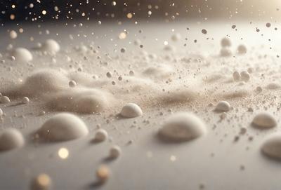 The primary subject of the image is a close-up of a white powder, possibly flour or sugar, with a few specks of gold. The setting is a white surface, possibly a table or countertop. The visual style appears to be a close-up of the powder, with a focus on the details of the specks. The colors and mood of the image are predominantly white and gold, giving it a warm and inviting atmosphere.