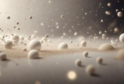 The primary subject of the image is a group of white balls, which are scattered across a white surface. The setting appears to be a studio or a controlled environment, as the balls are floating in the air. The visual style of the image is a combination of photo and digital art, creating a unique and artistic representation of the white balls. The colors and mood of the image are predominantly white, giving it a clean and minimalist appearance.