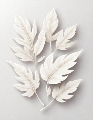 The primary subject of the image is a collection of white leaves, possibly made of paper or plastic, arranged in a visually appealing manner. The leaves are placed on a gray surface, which serves as the background. The visual style of the image is a combination of digital art and illustration, as the leaves are carefully crafted and arranged to create a realistic and artistic representation of the natural subject matter. The overall atmosphere of the image is calm and serene, with the white leaves providing a sense of tranquility and beauty