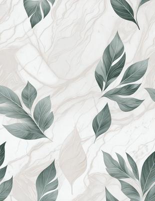 The image features a white marble wall with a pattern of green leaves. The leaves are arranged in a way that creates a visually appealing design. The primary subject of the image is the marble wall with the leaf pattern, while the setting is a white marble surface. The visual style of the image is a combination of nature and art, as the leaves are skillfully arranged to create a unique and elegant design. The colors and mood of the image are predominantly white and green, giving it a clean and fresh appearance.