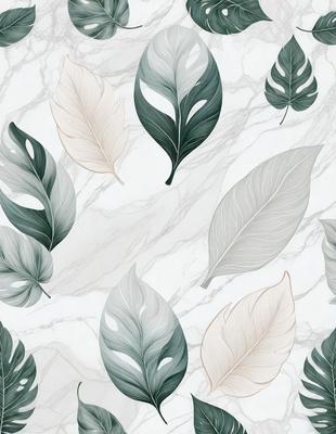 The image features a pattern of green and white leaves on a white marble surface. The leaves are arranged in a circular pattern, creating a visually appealing design. The overall atmosphere of the image is elegant and sophisticated, with the combination of the white marble and the green and white leaves creating a harmonious and pleasing aesthetic.